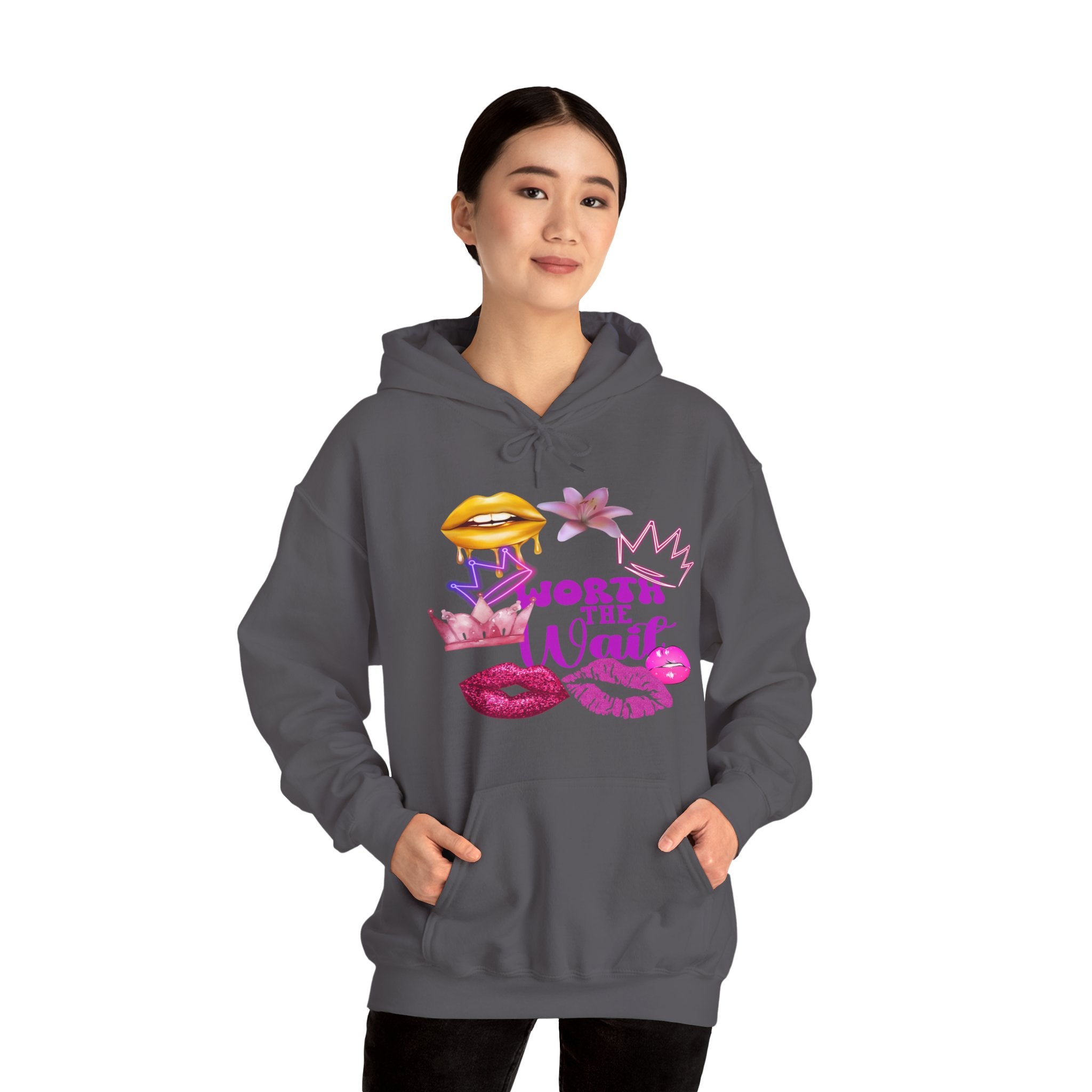 Worth the Wait Hoodie — Feminine Pink Lips & Floral Graphic Sweatshirt