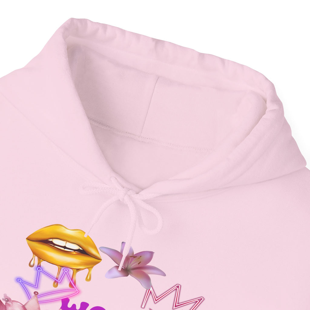 Worth the Wait Hoodie — Feminine Pink Lips & Floral Graphic Sweatshirt