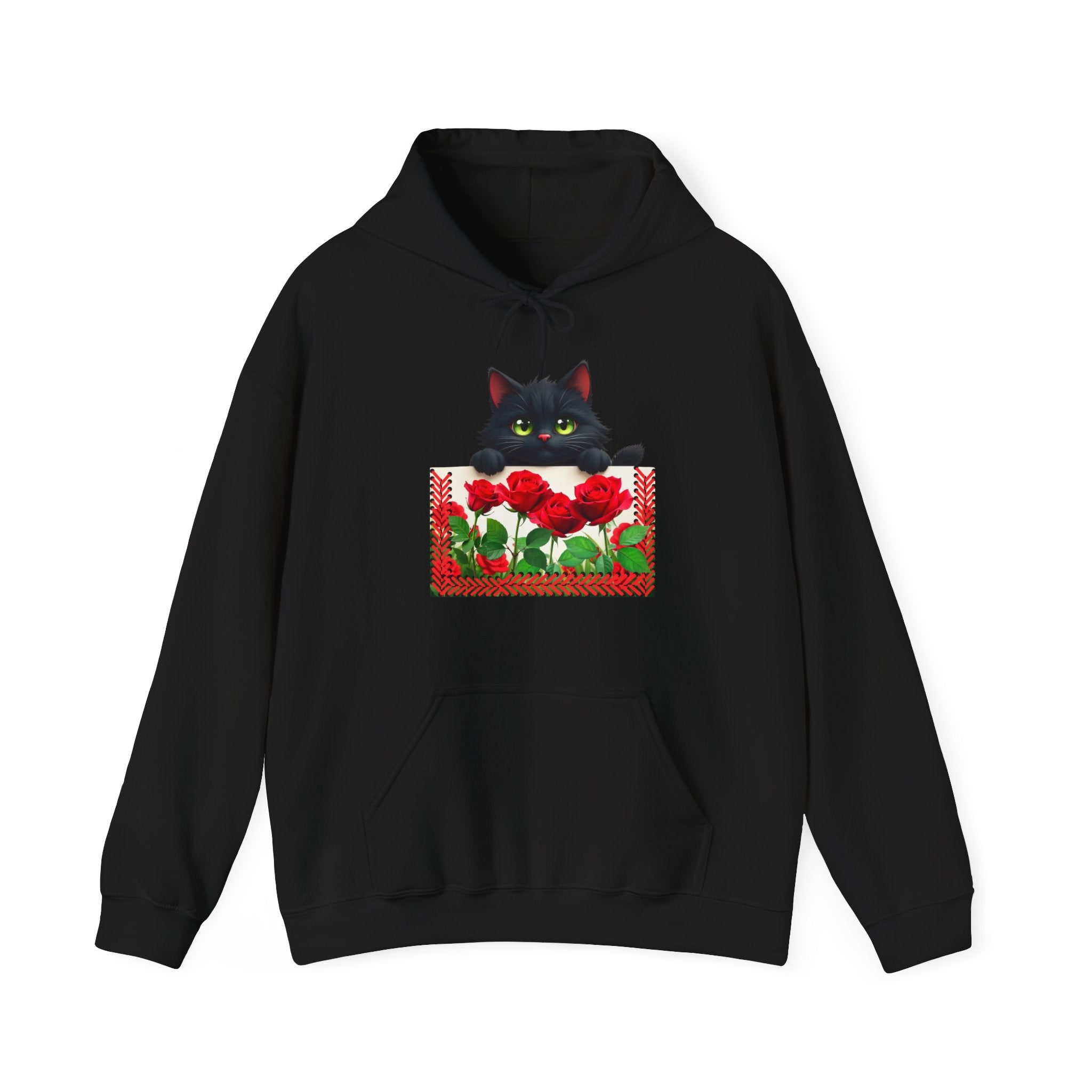 Playful Cat & Roses Hoodie, Fun Design, Cozy Everyday Wear, Gift for Cat Lovers