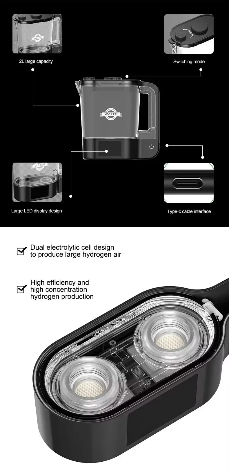 High Quality Portable 2L Large Capacity SPE PEM Molecular Hydrogen Water Kettle Household Hydrogen Generator Bottle