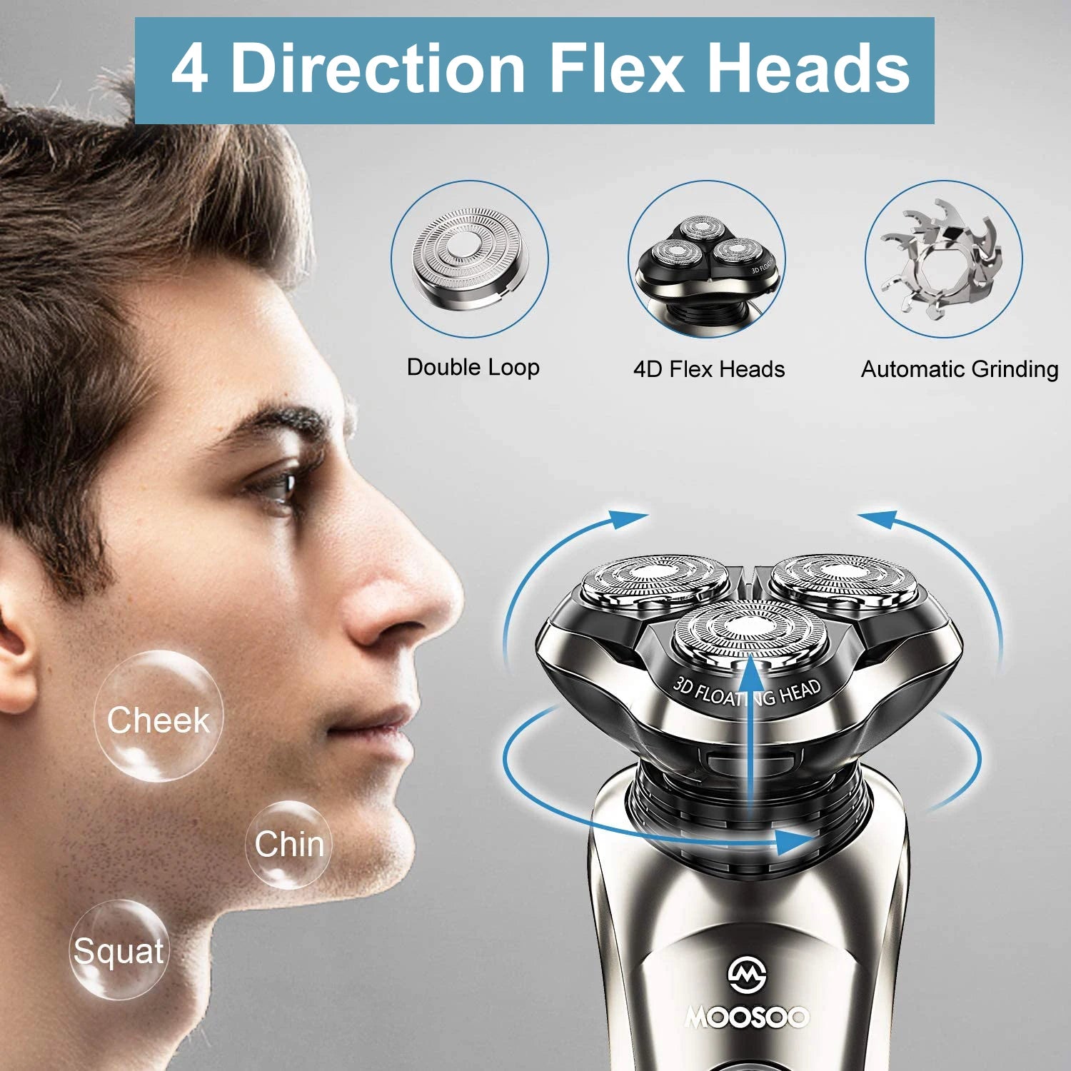 MOOSOO 8G Waterproof Rechargeable Shaving Machine 3D All around Floating Head Shaver Barber for Men Electric Shavers