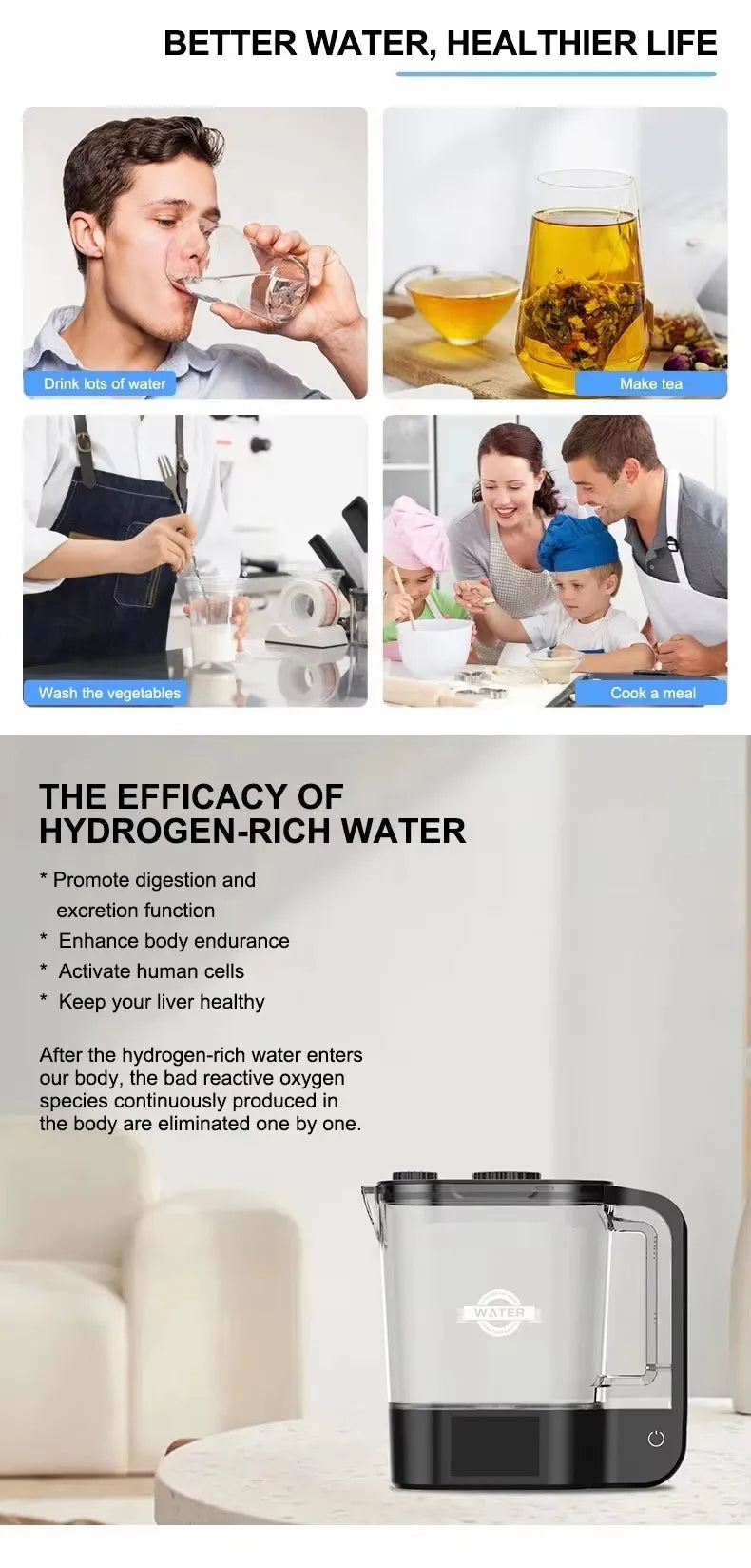 High Quality Portable 2L Large Capacity SPE PEM Molecular Hydrogen Water Kettle Household Hydrogen Generator Bottle