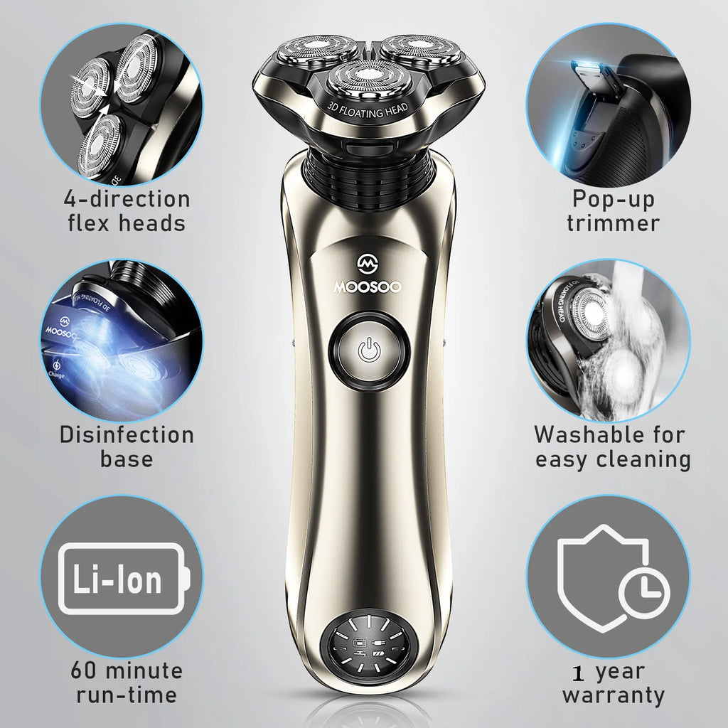MOOSOO 8G Waterproof Rechargeable Shaving Machine 3D All around Floating Head Shaver Barber for Men Electric Shavers