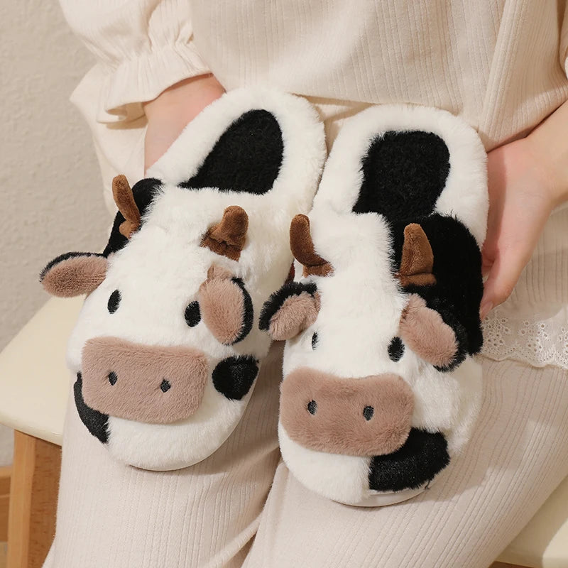 Unisex Cow Fur, Warm Plush Slippers, Cute for Couples, Indoor Non-slip House Slides for Men And Women