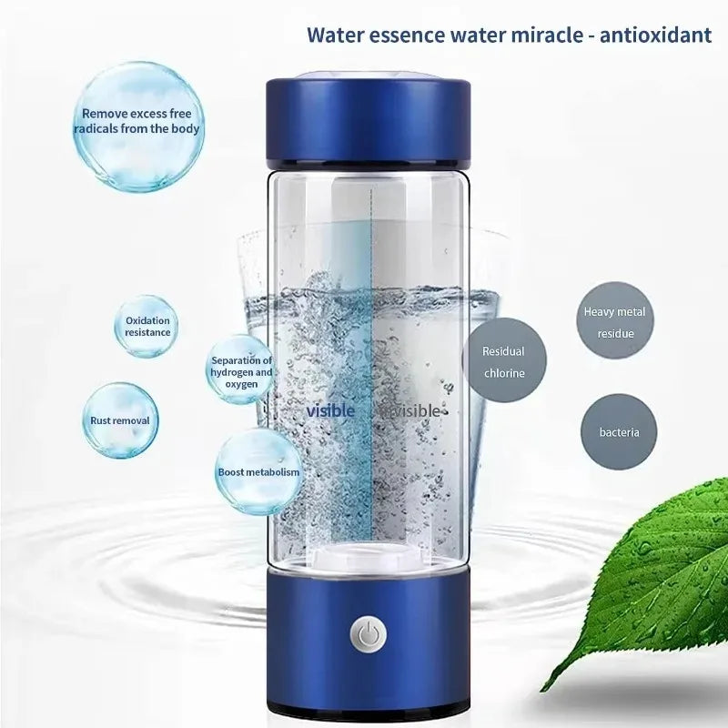 Hydrogen Water Bottle, Portable Hydrogen Water Ionizer, Rechargeable Hydrogen Rich Water, Glass Container