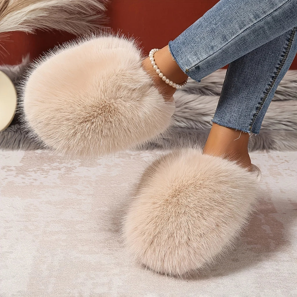 Elegant Faux Fur Cozy Slippers for Women, Indoor/Outdoor Slipper Shoes, Non-Slip Rubber Sole, Pure Color, Available in 5 Colors
