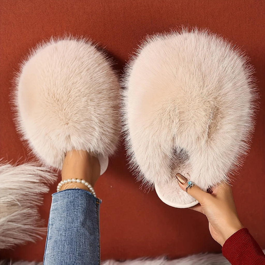 Elegant Faux Fur Cozy Slippers for Women, Indoor/Outdoor Slipper Shoes, Non-Slip Rubber Sole, Pure Color, Available in 5 Colors