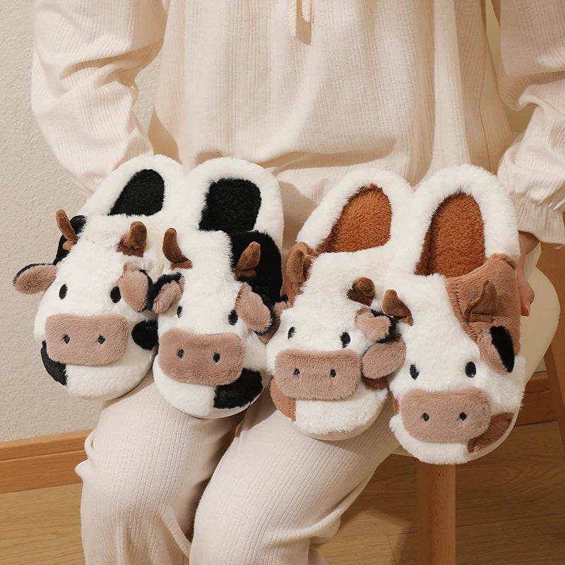 Unisex Cow Fur, Warm Plush Slippers, Cute for Couples, Indoor Non-slip House Slides for Men And Women
