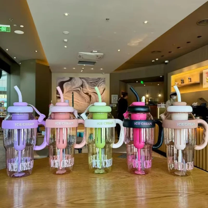 Cute, Colorful Sports Water Bottle, Large Capacity, Big Belly Cup with Straw with Cover Lid, Comfortable Carrying Handle, Outdoor Travel Kettle, Available in 5 Colors
