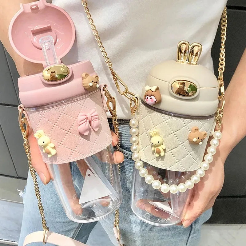 "Boujee Girl" Designer, Super Cute, Plastic Water Bottle with Straw and Leather Shoulder Strap, Portable Leak-proof Anti-Drop Cup, Good for Camping