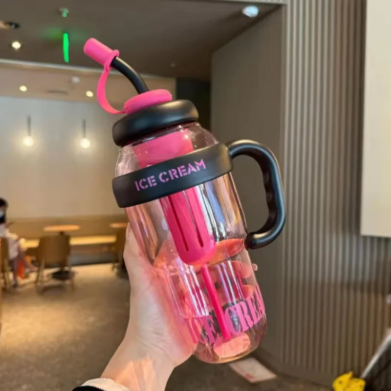 Cute, Colorful Sports Water Bottle, Large Capacity, Big Belly Cup with Straw with Cover Lid, Comfortable Carrying Handle, Outdoor Travel Kettle, Available in 5 Colors