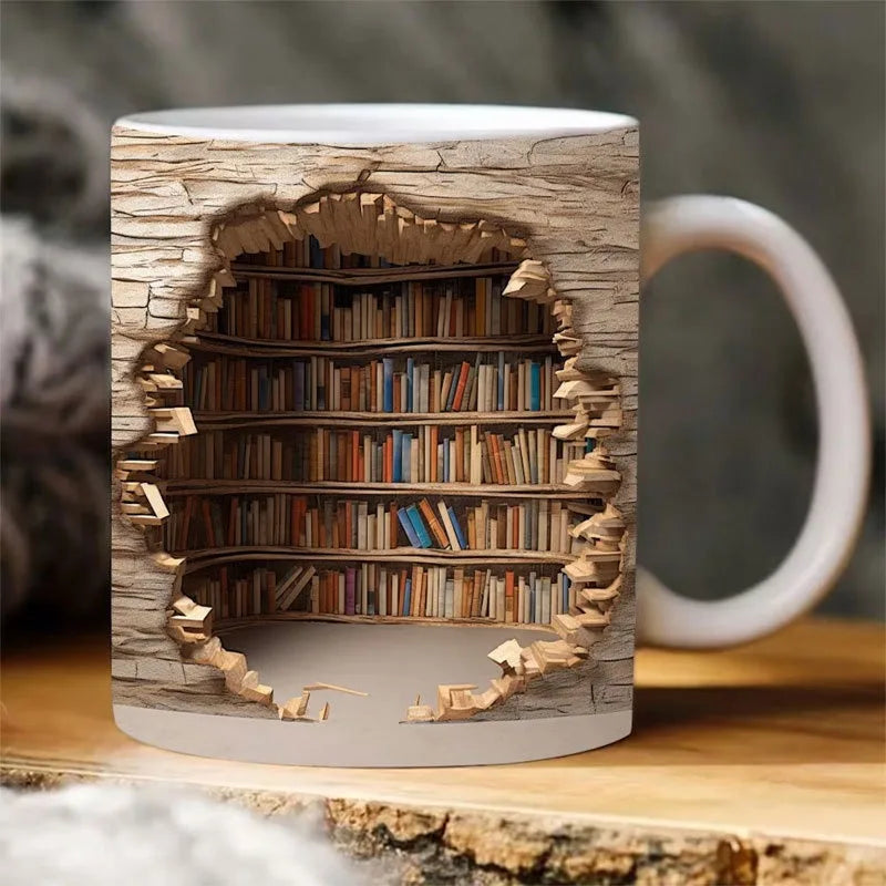 Creative Brick Wall, Library Book Shelf Mug Design, Coffee Cup, 3D Effects Library, Great Gift Idea 3D Effects, Capacity - up to 14oz