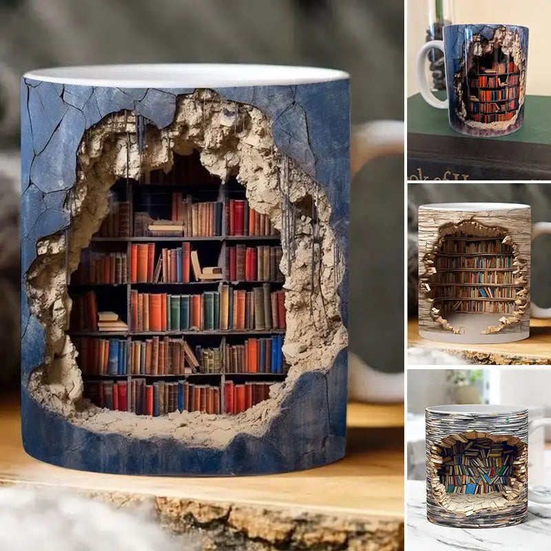 Creative Brick Wall, Library Book Shelf Mug Design, Coffee Cup, 3D Effects Library, Great Gift Idea 3D Effects, Capacity - up to 14oz