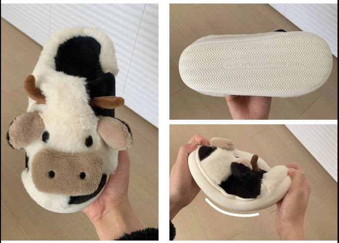 Adorable Fur Cow Children Slippers for Kids, Soft Heel Platform, Warm Indoor Comfortable Fluffy Slippers