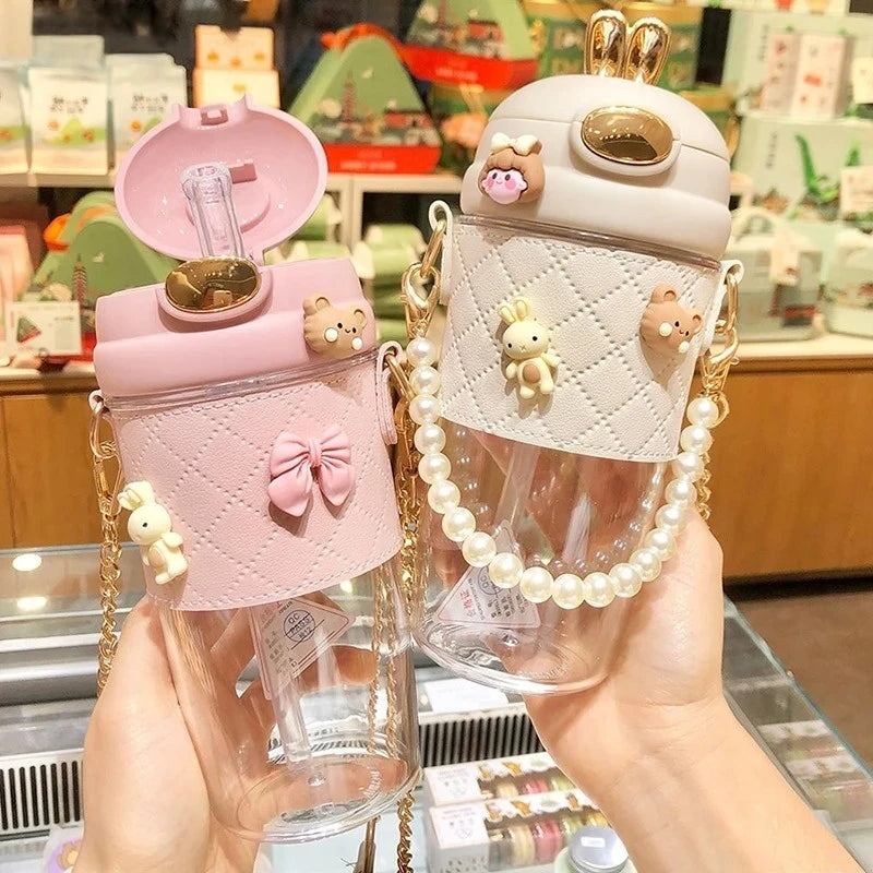 "Boujee Girl" Designer, Super Cute, Plastic Water Bottle with Straw and Leather Shoulder Strap, Portable Leak-proof Anti-Drop Cup, Good for Camping