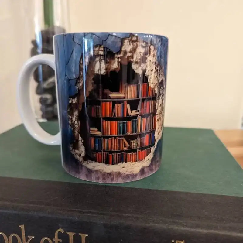 Creative Brick Wall, Library Book Shelf Mug Design, Coffee Cup, 3D Effects Library, Great Gift Idea 3D Effects, Capacity - up to 14oz
