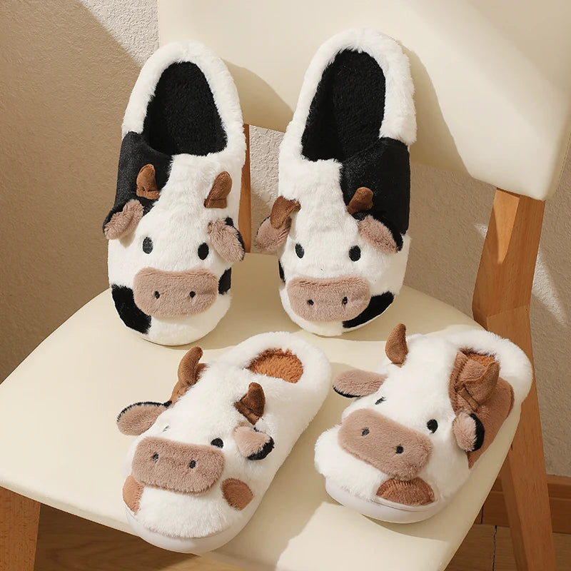 Unisex Cow Fur, Warm Plush Slippers, Cute for Couples, Indoor Non-slip House Slides for Men And Women